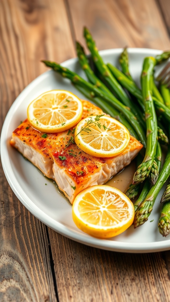 Air fryer salmon fillet with crispy skin served with vibrant green asparagus on a white plate, garnished with lemon slices.